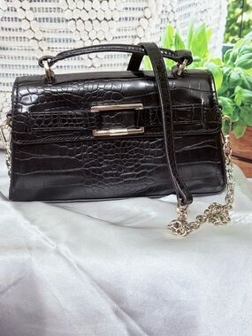 Zara Black Croc-Embossed Mini Top-Handle Bag with Chain Strap